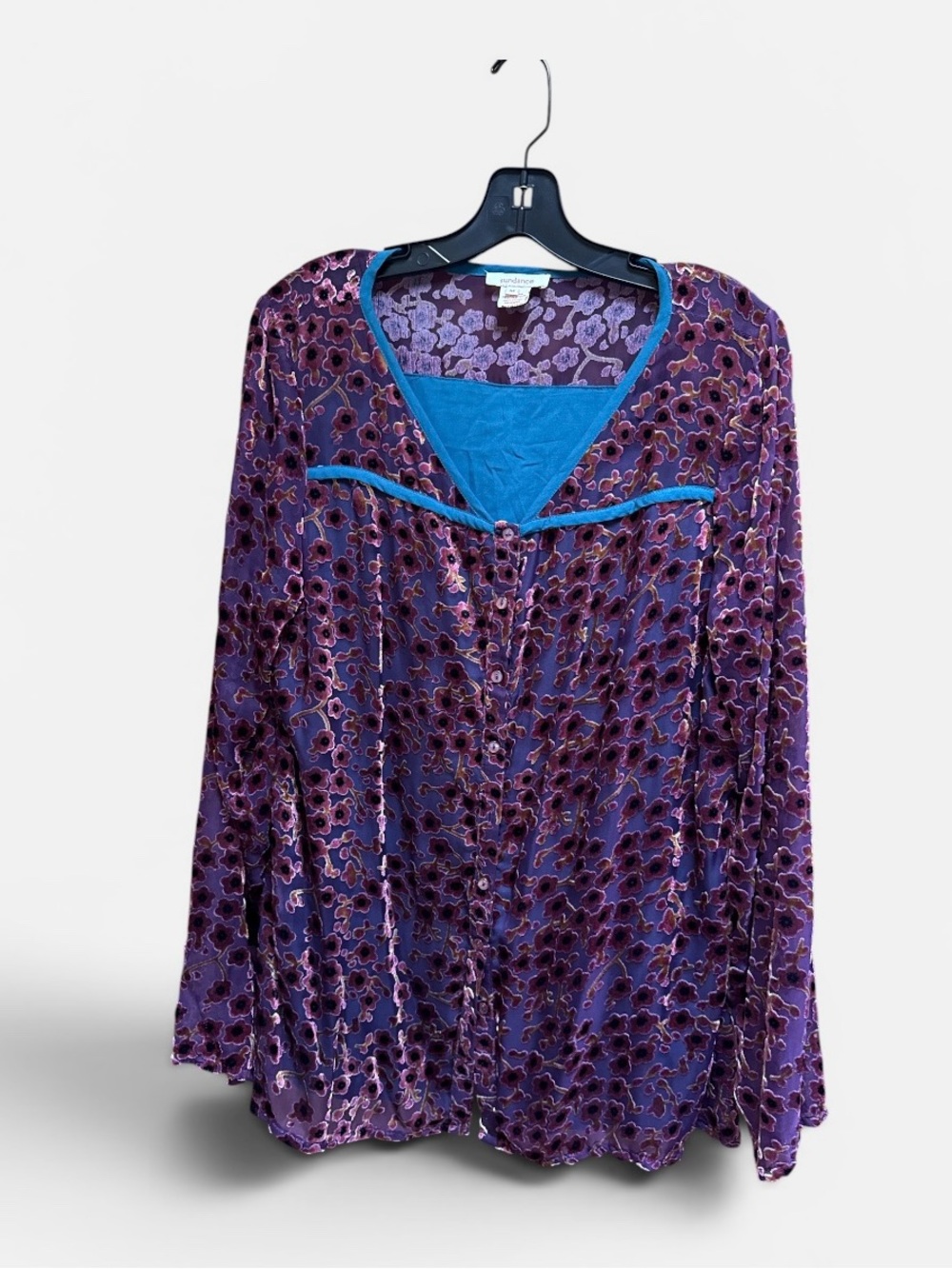 Sundance Exclusive - Purple Floral Velvet Burnout Top w/ Teal Trim. Size Medium